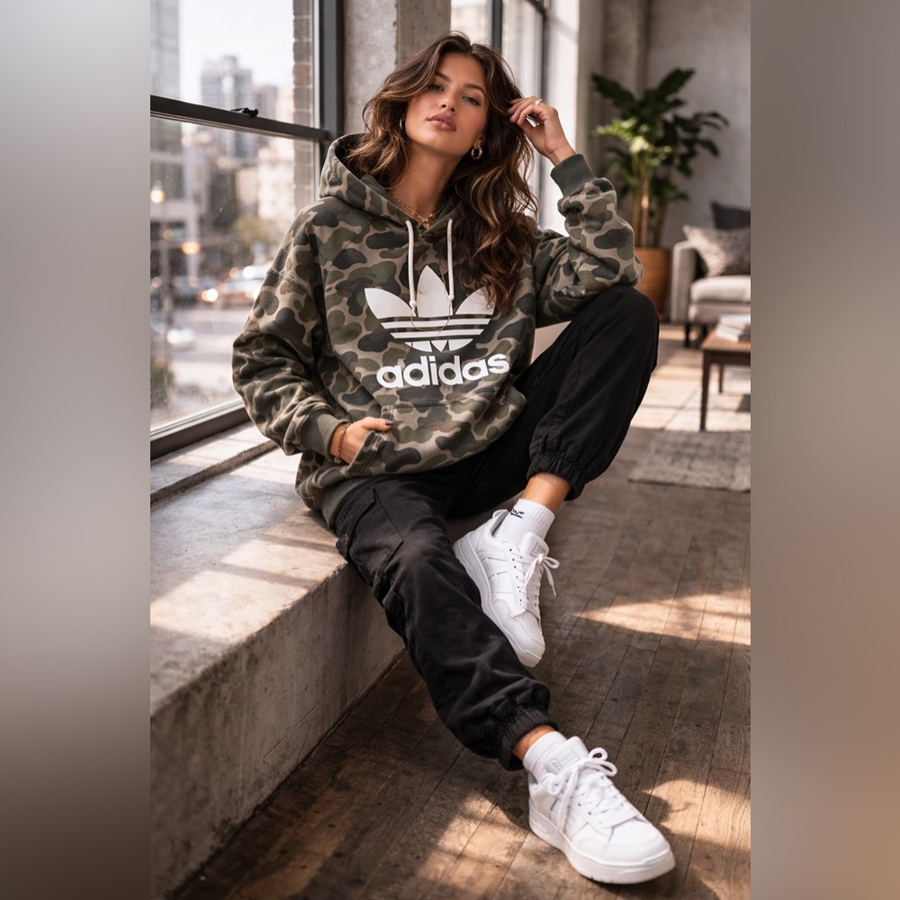 Adidas Camo Trefoil Hoodie Sweatshirt Green Camouflage Pullover Size Medium